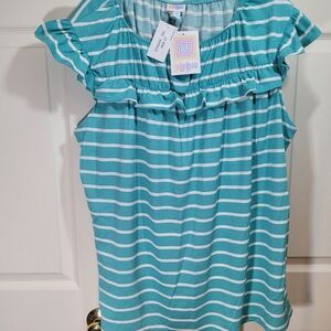 LuLaRoe Stasha Teal Striped Ruffle Blouse